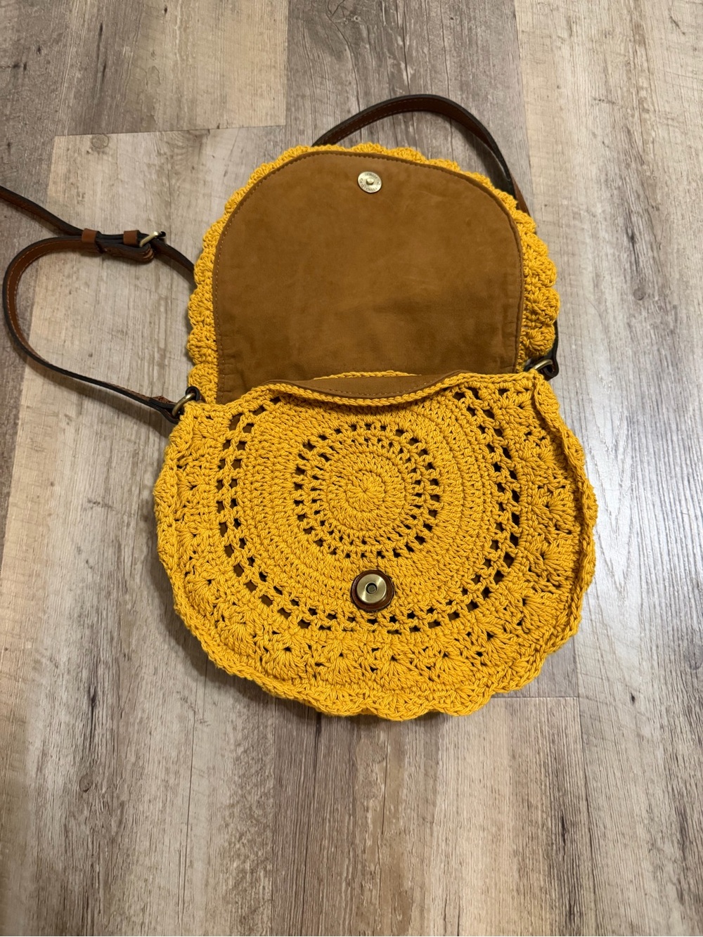 Patricia Nash Mustard Yellow Crochet Crossbody with Brown Strap - Picture 2 of 4